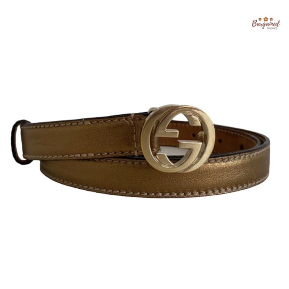 Authentic Gucci Bronze Metallic Leather Gold Interlocking G Buckle Belt 95/38 - Picture 1 of 12